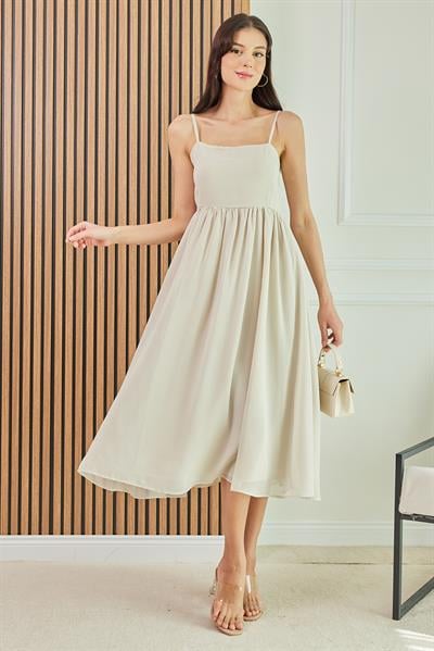 Askılı Midi Elbise - KREM