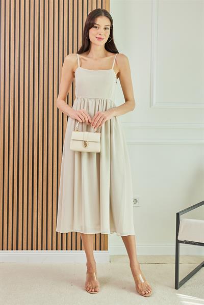 Askılı Midi Elbise - KREM