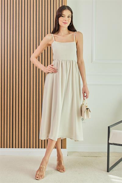 Askılı Midi Elbise - KREM