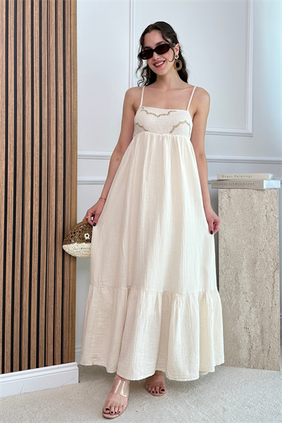 Gipeli Müslin Elbise - KREM