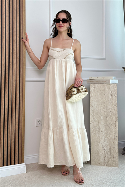 Gipeli Müslin Elbise - KREM