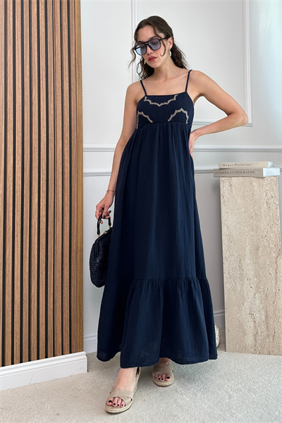 Gipeli Müslin Elbise - LACİVERT