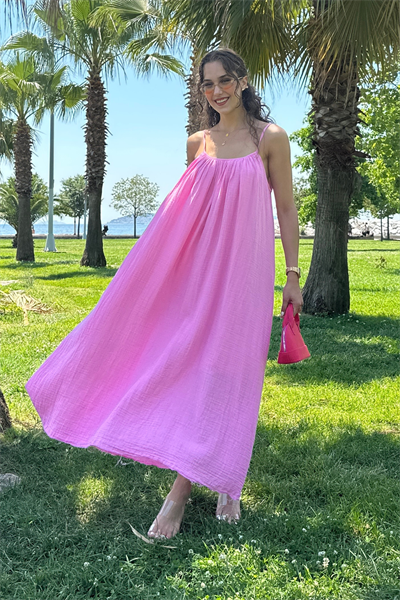 Askılı Müslin Elbise - PEMBE