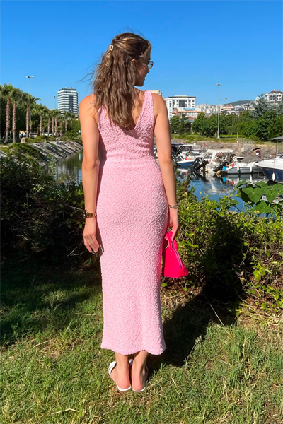 Askılı Örme Elbise - PEMBE