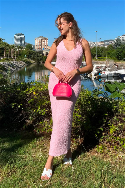 Askılı Örme Elbise - PEMBE