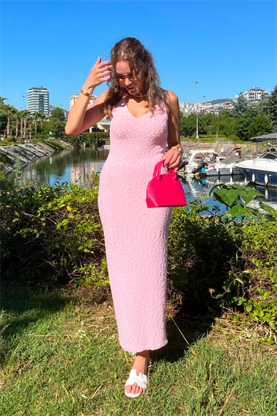 Askılı Örme Elbise - PEMBE
