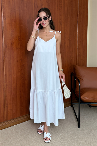 Askılı Poplin Elbise - BEYAZ