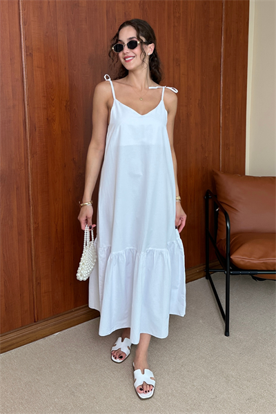 Askılı Poplin Elbise - BEYAZ