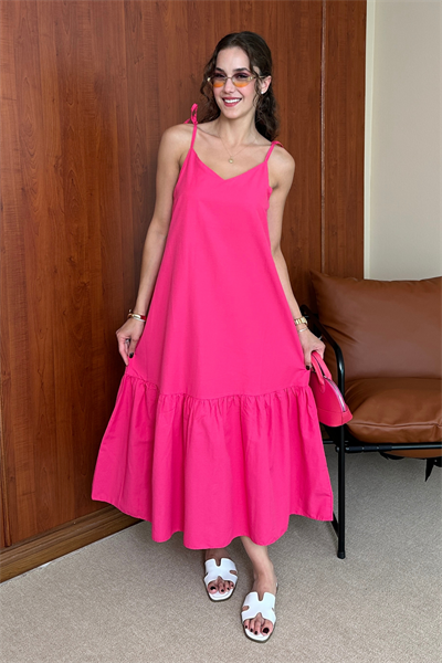 Askılı Poplin Elbise - PEMBE