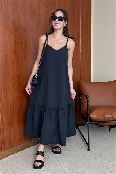 Askılı Poplin Elbise - SİYAH