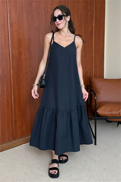 Askılı Poplin Elbise - SİYAH