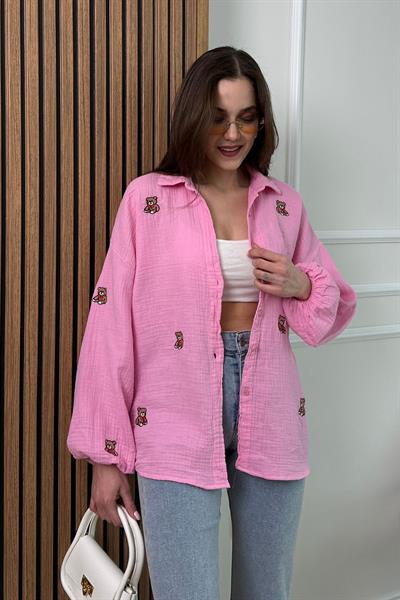 Ayıcıklı Müslin Gömlek - PEMBE