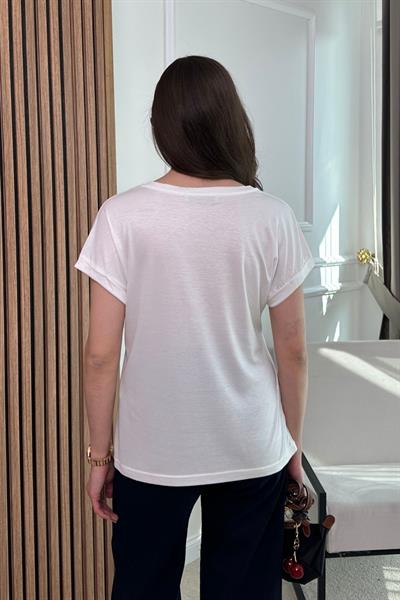 Basic V Yaka T-Shirt - BEYAZ