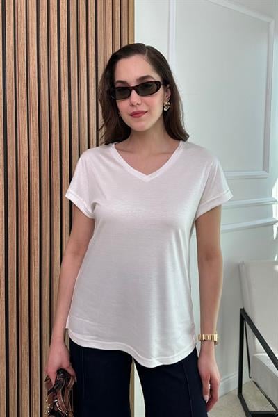 Basic V Yaka T-Shirt - BEYAZ