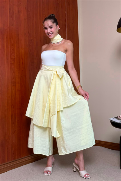 Bel Bağlamalı Etek Pantolon - SARI