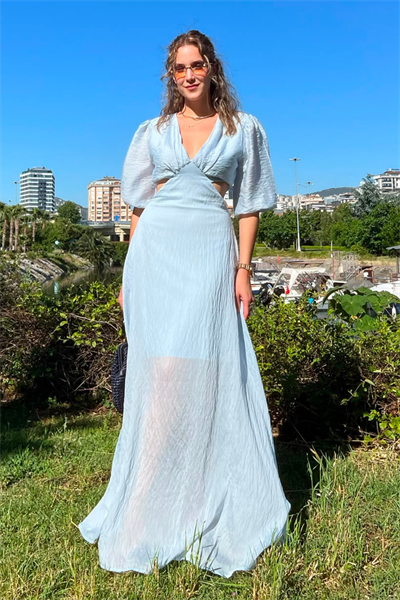 Bel Dekolteli Elbise - MAVİ