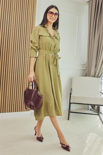 Bel Lastikli Elbise - HAKİ