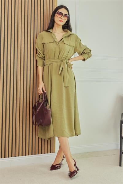 Bel Lastikli Elbise - HAKİ