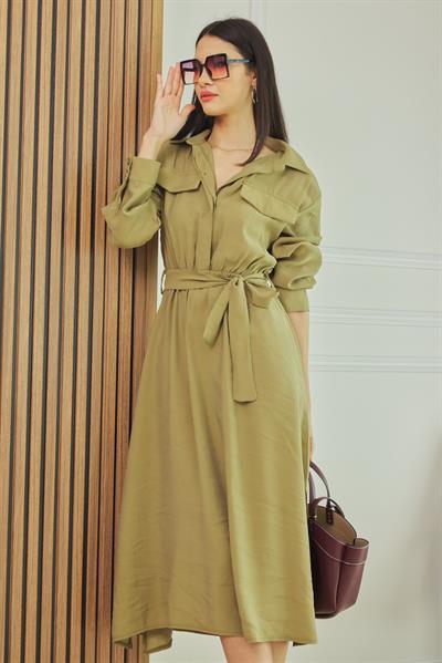 Bel Lastikli Elbise - HAKİ