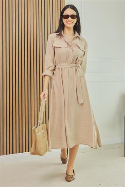 Bel Lastikli Elbise - KREM