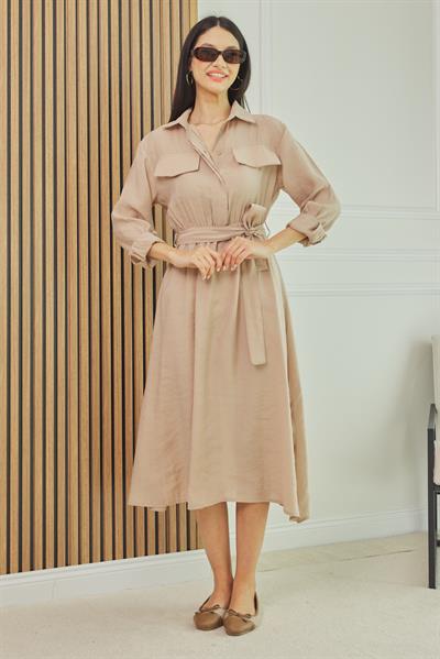 Bel Lastikli Elbise - KREM