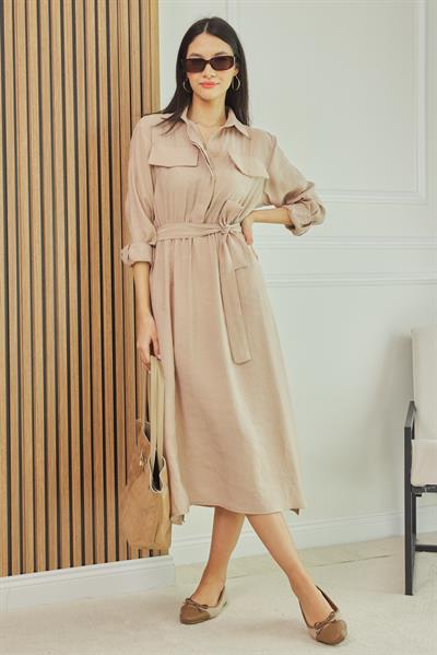 Bel Lastikli Elbise - KREM