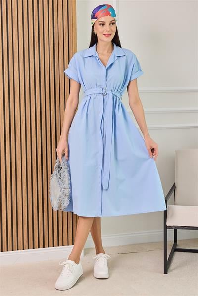 Bel Lastikli Gömlek Elbise - MAVİ