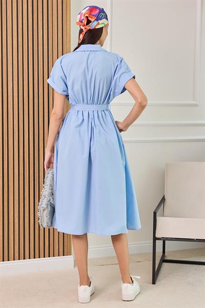 Bel Lastikli Gömlek Elbise - MAVİ
