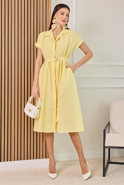 Bel Lastikli Gömlek Elbise - SARI