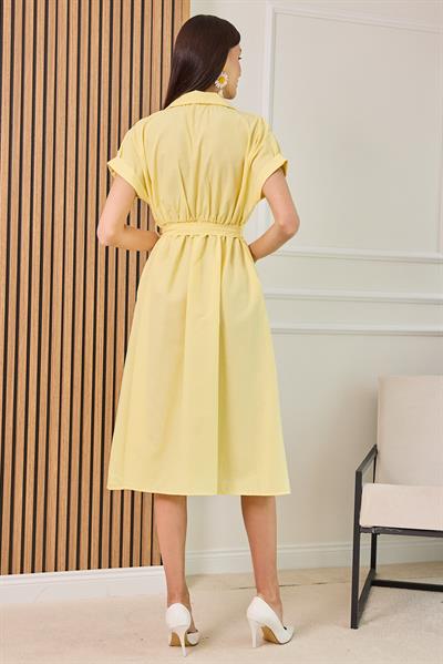 Bel Lastikli Gömlek Elbise - SARI
