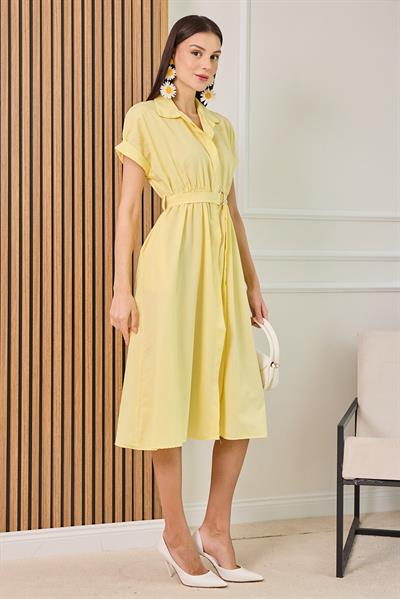 Bel Lastikli Gömlek Elbise - SARI