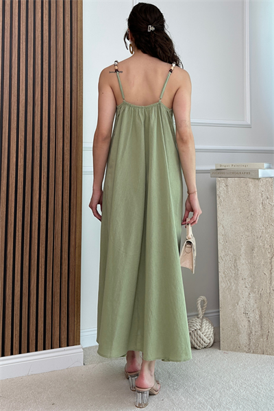 Boncuklu Askılı Elbise - HAKİ