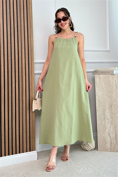 Boncuklu Askılı Elbise - HAKİ