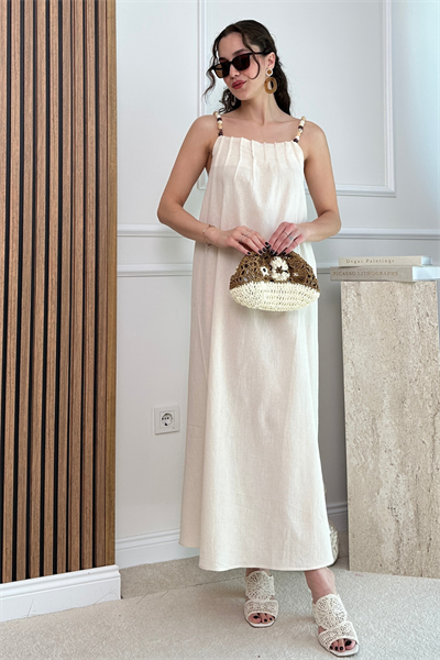 Boncuklu Askılı Elbise - KREM