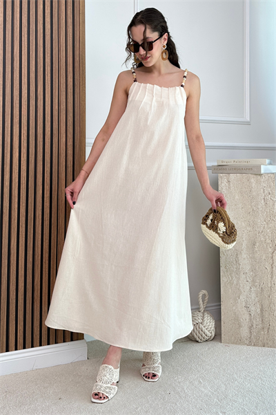 Boncuklu Askılı Elbise - KREM