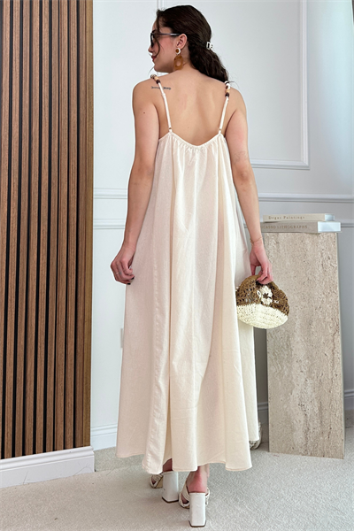 Boncuklu Askılı Elbise - KREM