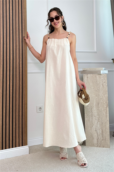 Boncuklu Askılı Elbise - KREM