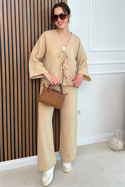 Boncuklu Kimono Takım - KREM