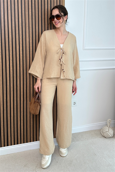 Boncuklu Kimono Takım - KREM