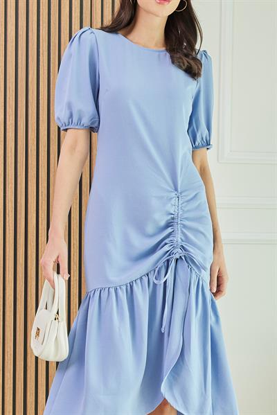 Büzgü Detaylı Elbise - MAVİ