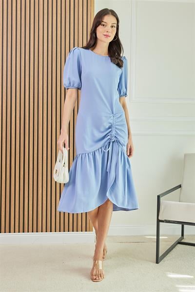 Büzgü Detaylı Elbise - MAVİ