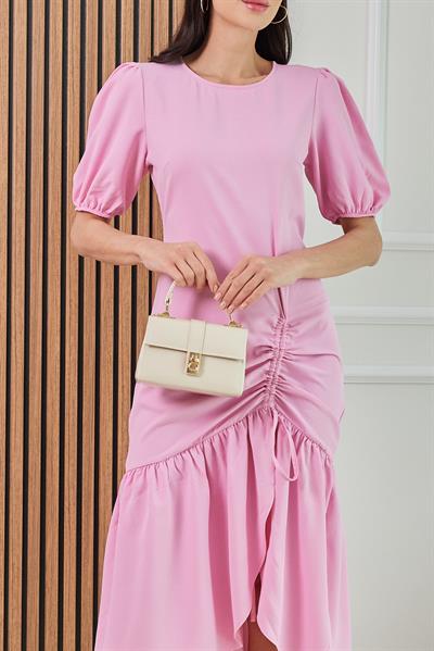 Büzgü Detaylı Elbise - PEMBE