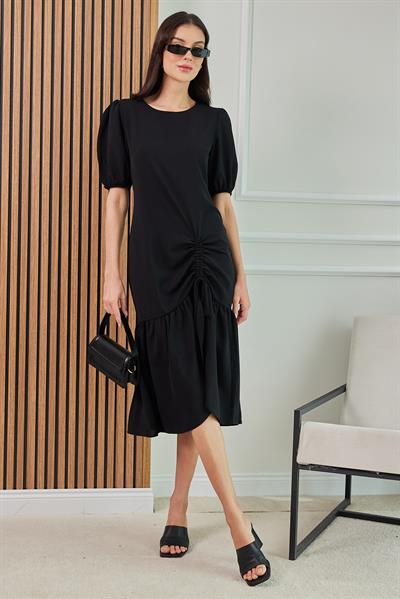 Büzgü Detaylı Elbise - SİYAH