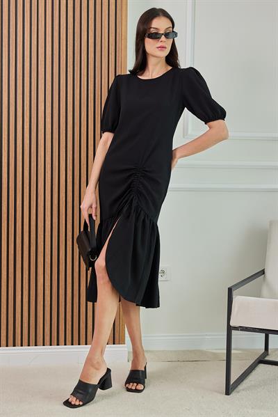 Büzgü Detaylı Elbise - SİYAH