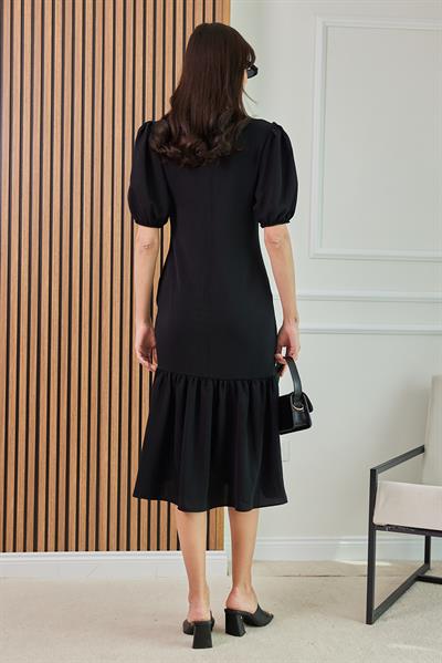 Büzgü Detaylı Elbise - SİYAH