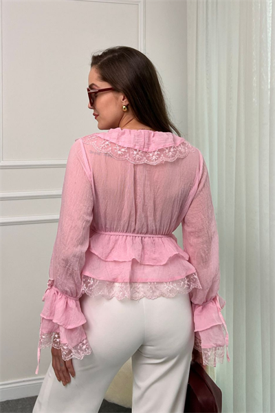 Büzgülü Tül Bluz - PEMBE