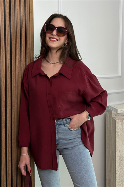 Cepli Oversize Gömlek - BORDO