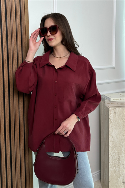 Cepli Oversize Gömlek - BORDO