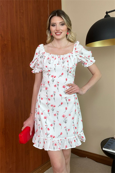 Çiçekli Mini Elbise - PEMBE