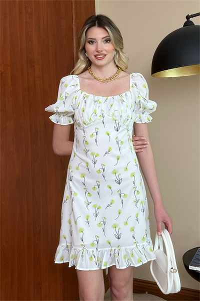 Çiçekli Mini Elbise - YEŞİL